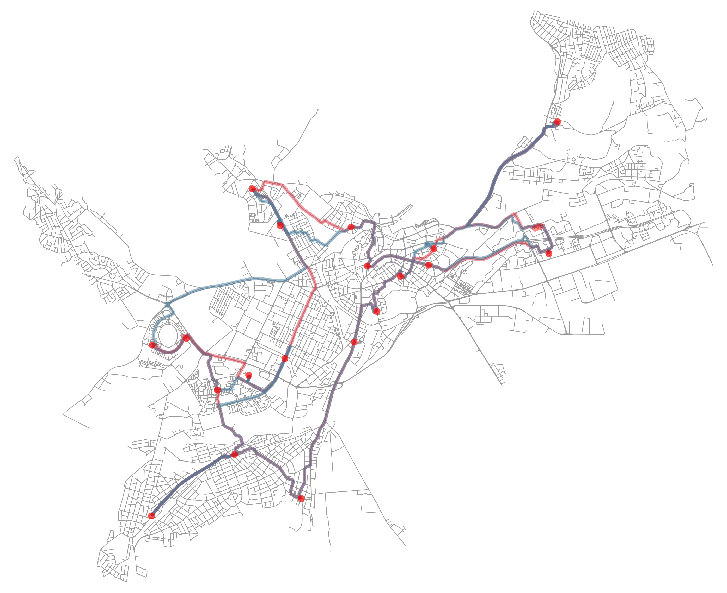 Map of the optimal driving and walking routes to visit all libraries in Tallinn