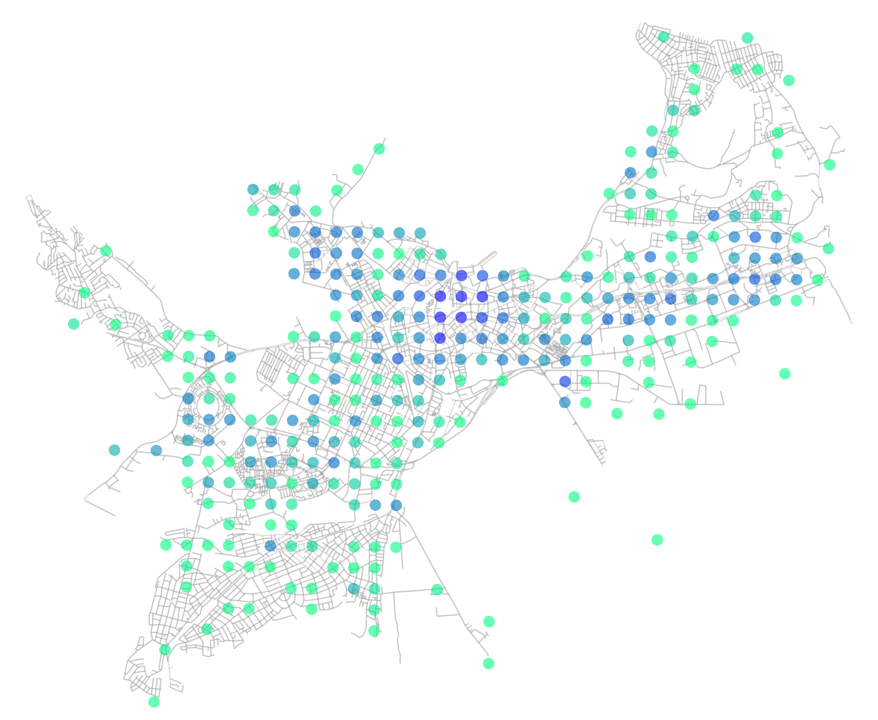 Map of the city with dots showing phone theft density